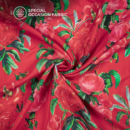 Red And Baby Pink Rose Digital Print Bemberg Raw Silk Fabric