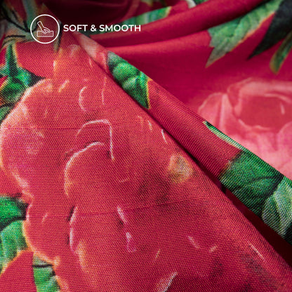 Red And Baby Pink Rose Digital Print Bemberg Raw Silk Fabric