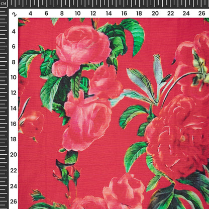 Red And Baby Pink Rose Digital Print Bemberg Raw Silk Fabric