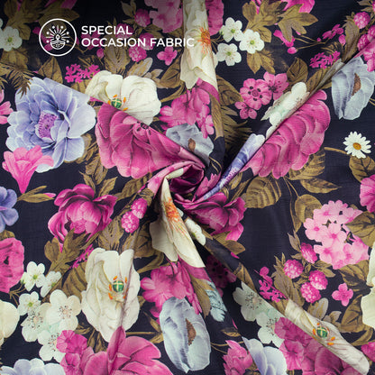 Dark Blue And Pink Floral Digital Print Bemberg Raw Silk Fabric