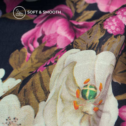 Dark Blue And Pink Floral Digital Print Bemberg Raw Silk Fabric