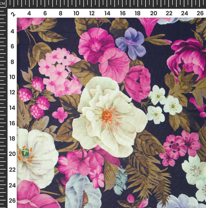 Dark Blue And Pink Floral Digital Print Bemberg Raw Silk Fabric