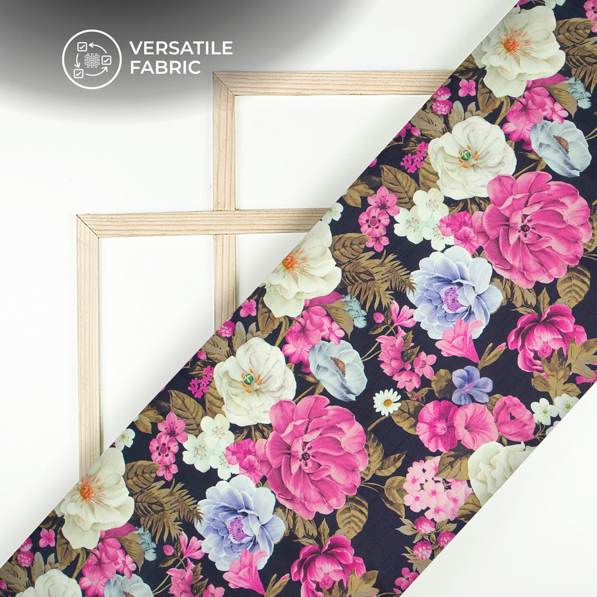 Dark Blue And Pink Floral Digital Print Bemberg Raw Silk Fabric