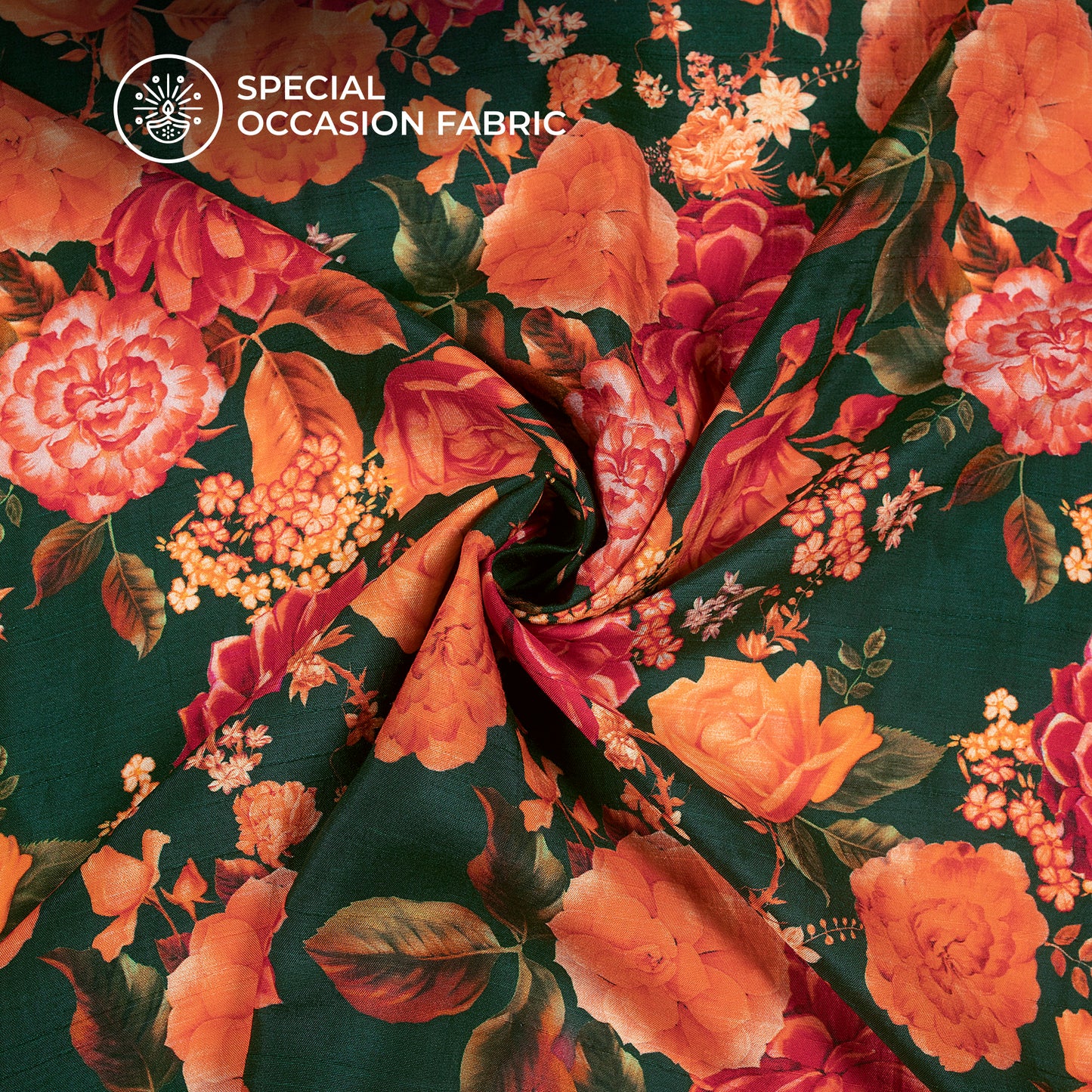 Dark Green And Tomato Red Floral Digital Print Bemberg Raw Silk Fabric