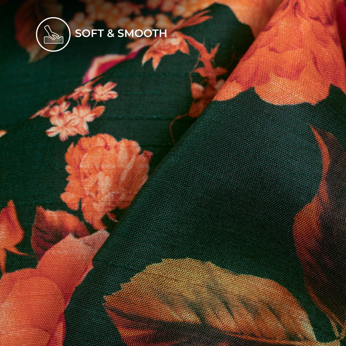 Dark Green And Tomato Red Floral Digital Print Bemberg Raw Silk Fabric