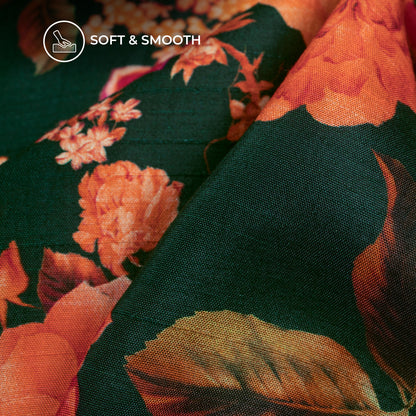 Dark Green And Tomato Red Floral Digital Print Bemberg Raw Silk Fabric