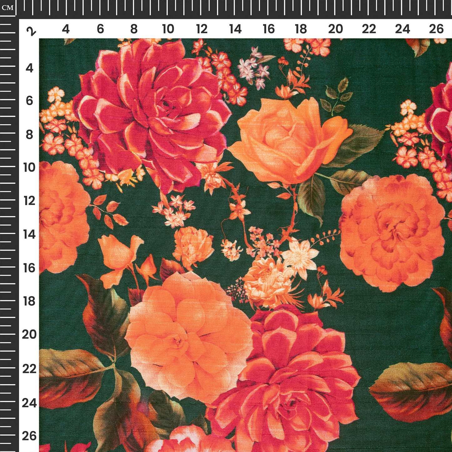 Dark Green And Tomato Red Floral Digital Print Bemberg Raw Silk Fabric
