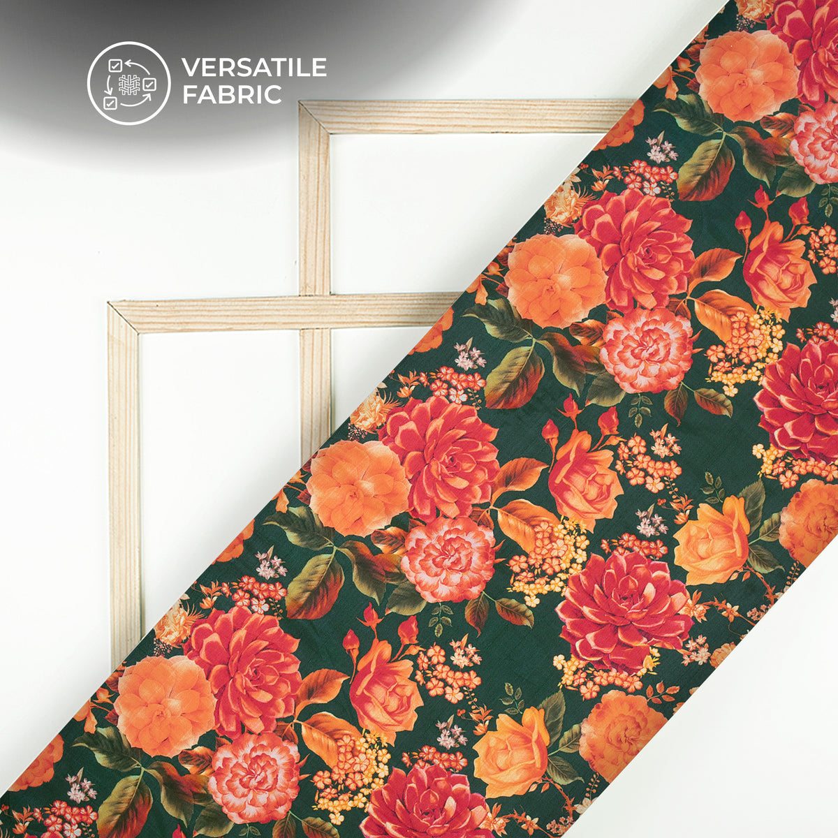 Dark Green And Tomato Red Floral Digital Print Bemberg Raw Silk Fabric