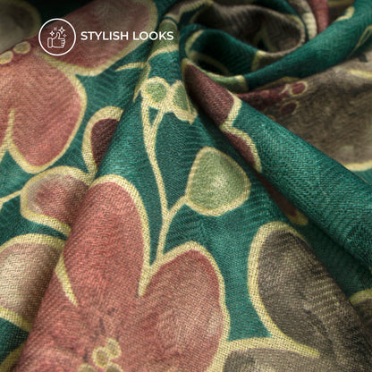 Peacock Blue Floral Digital Print Elegant Blend Pashmina Fabric