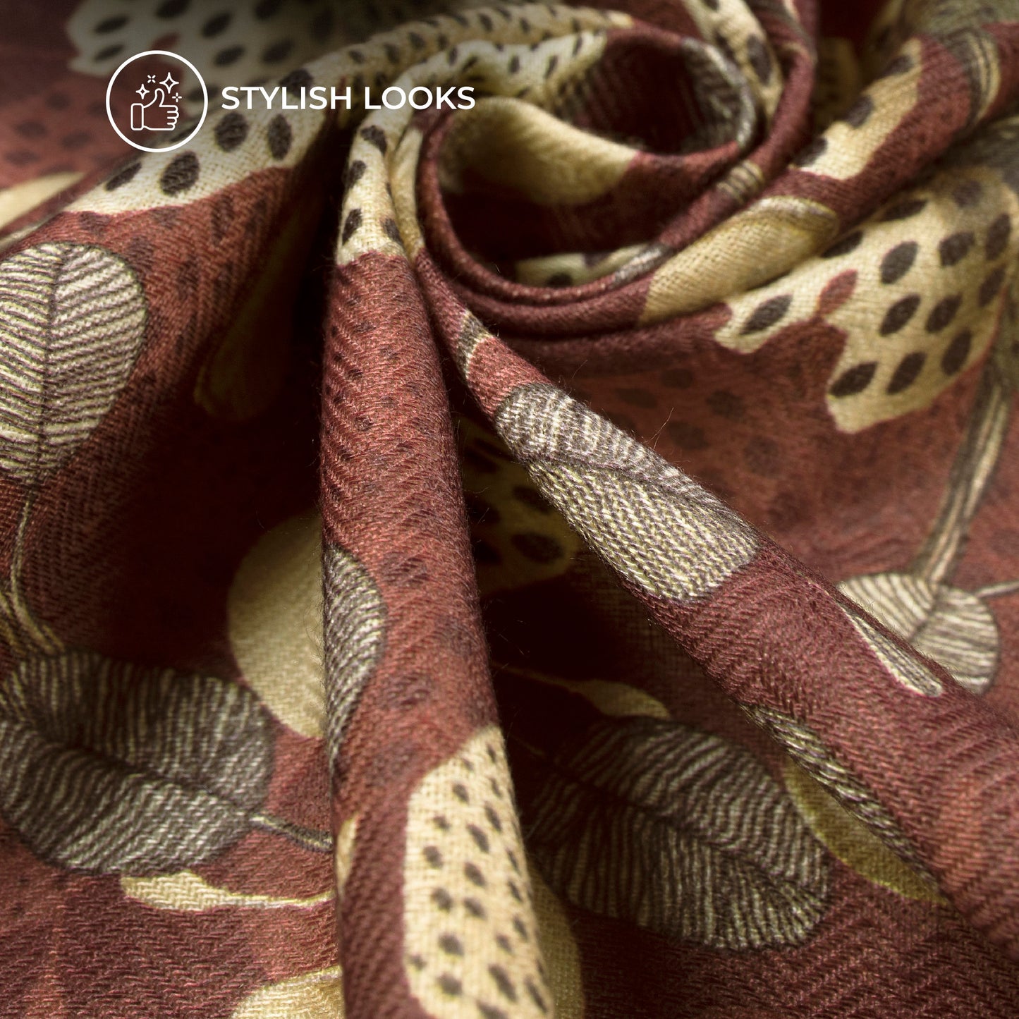 Maroon And Golden Floral Digital Print Elegant Blend Pashmina Fabric