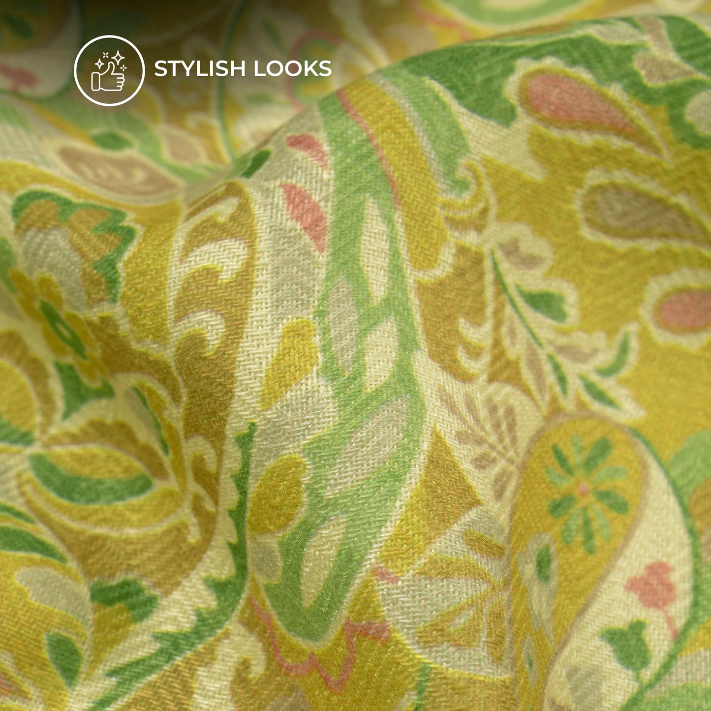 Golden And Yellow Paisley Floral Digital Print Elegant Blend Pashmina Fabric