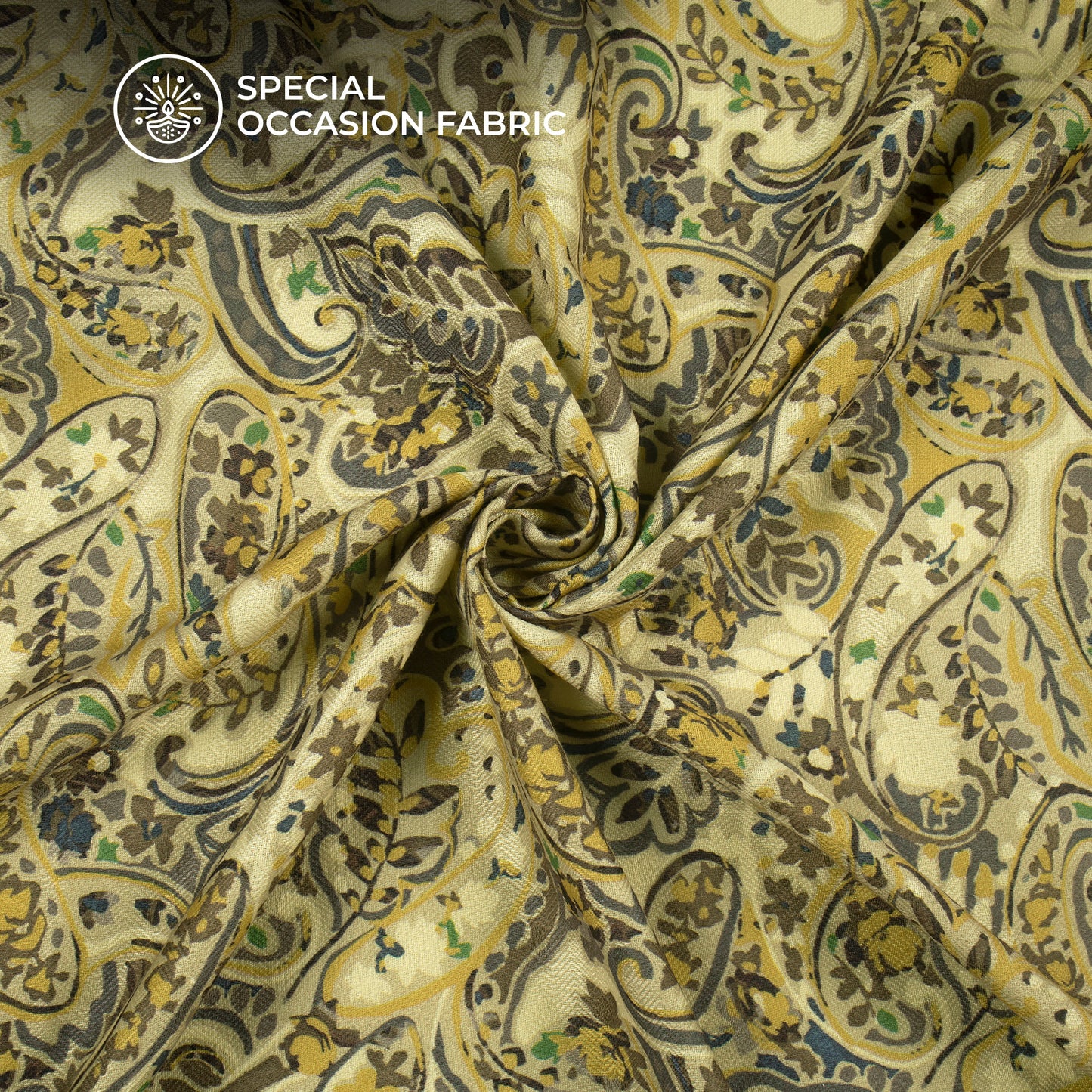 Brown And Golden Paisley Floral Digital Print Elegant Blend Pashmina Fabric