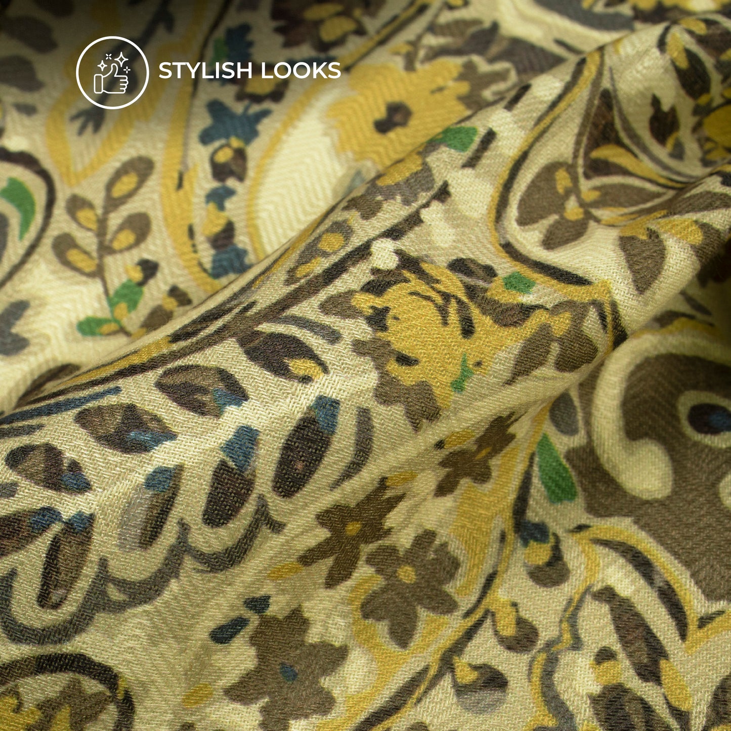 Brown And Golden Paisley Floral Digital Print Elegant Blend Pashmina Fabric