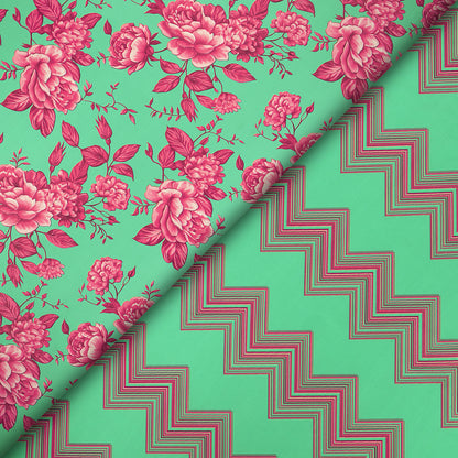Beautiful Megenta color Flowers on Green Background Digital Print Muslin Fabric