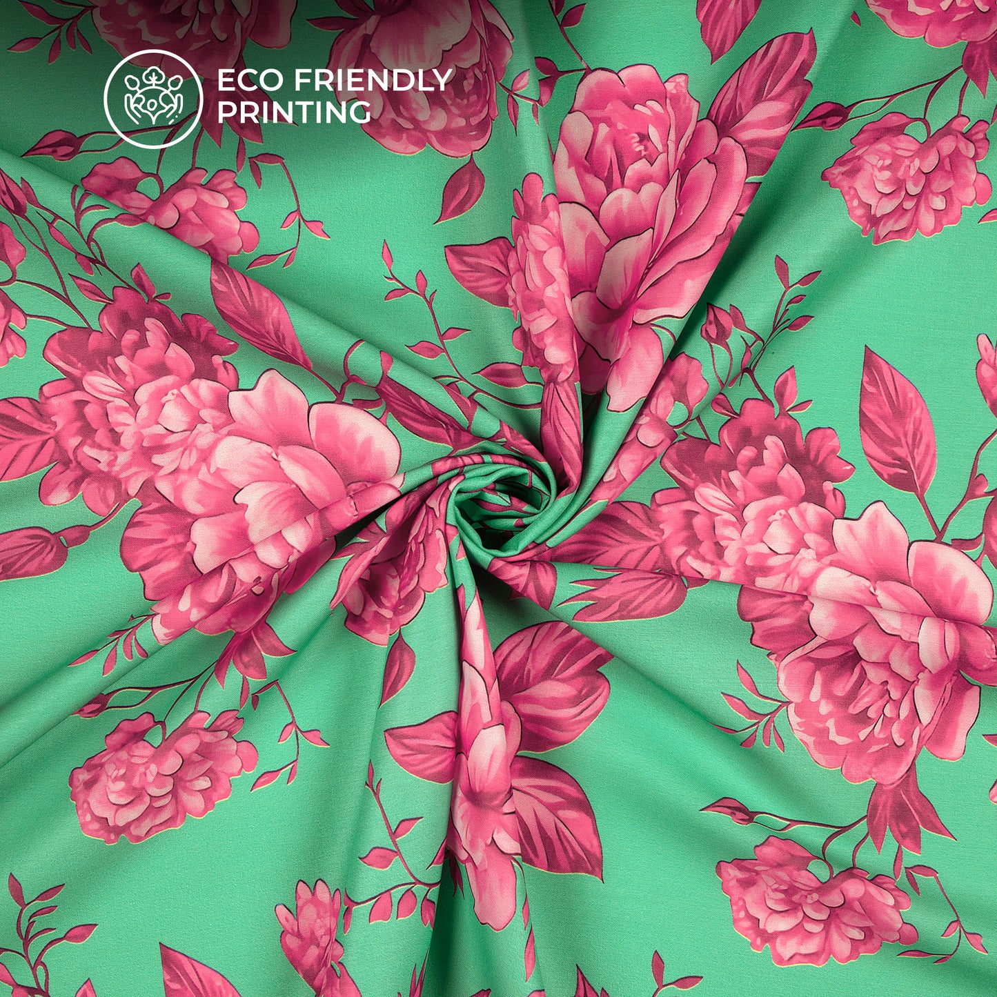 Beautiful Megenta color Flowers on Green Background Digital Print Muslin Fabric