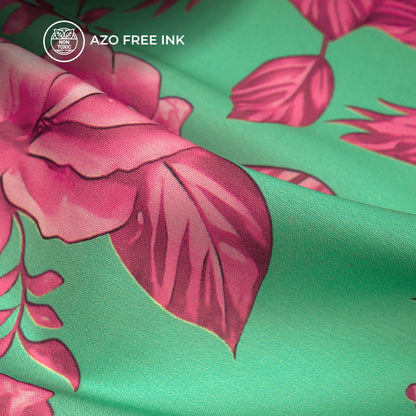 Beautiful Megenta color Flowers on Green Background Digital Print Muslin Fabric