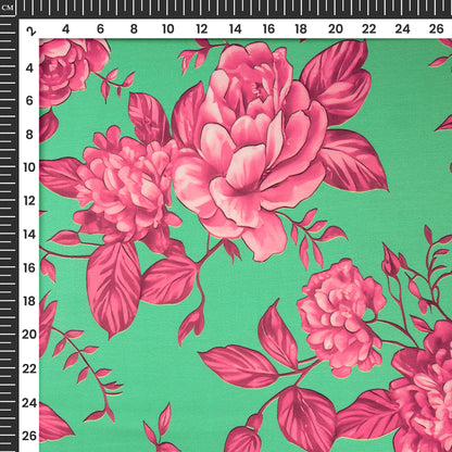 Beautiful Megenta color Flowers on Green Background Digital Print Muslin Fabric