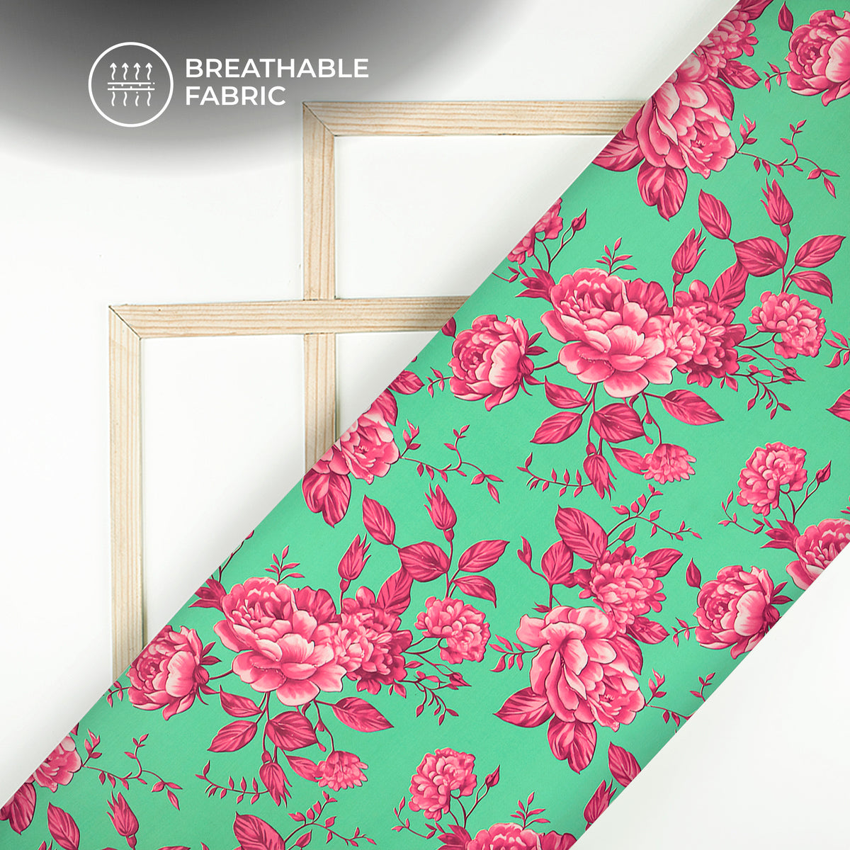Beautiful Megenta color Flowers on Green Background Digital Print Muslin Fabric