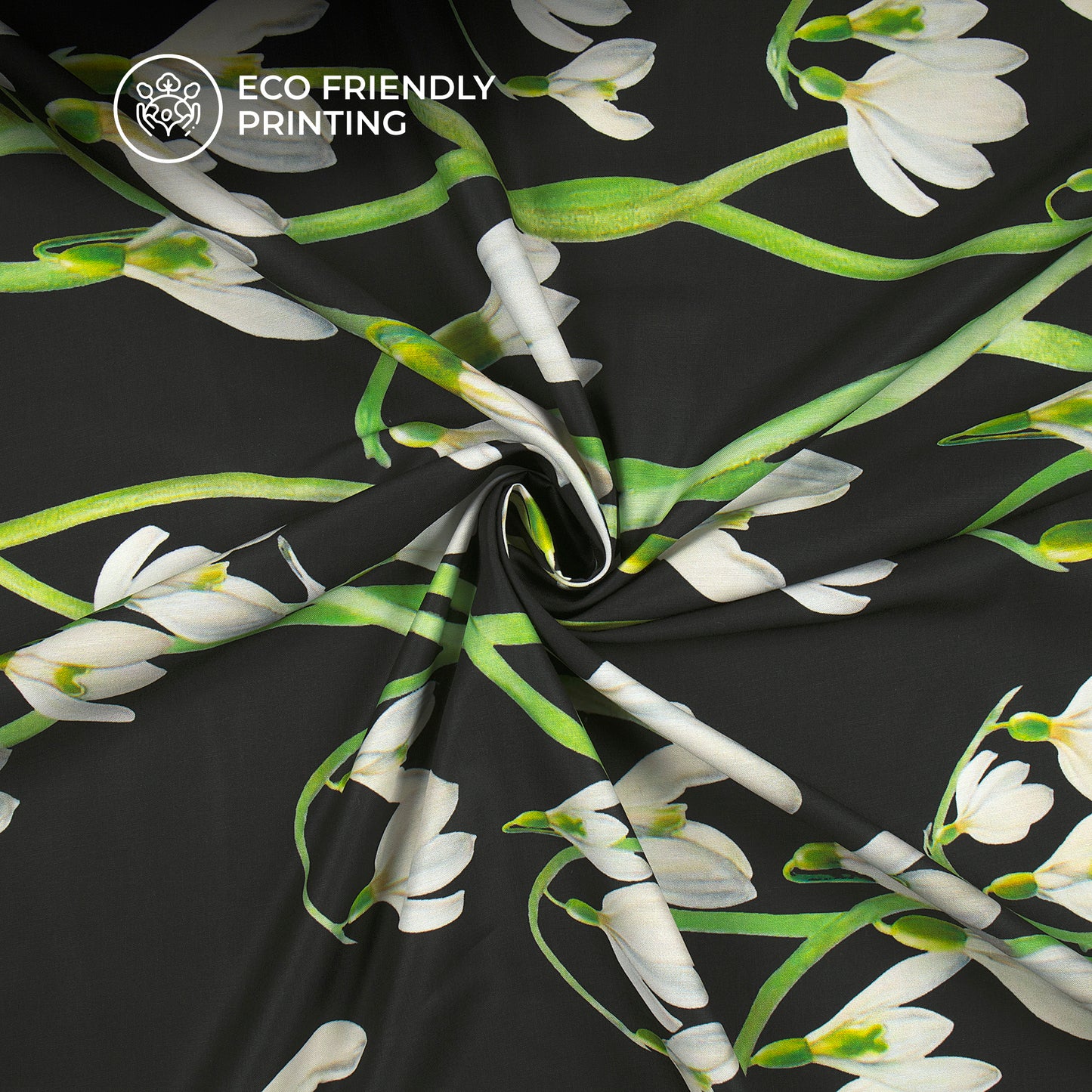 Newly Cream Floral on Black Digital Print Muslin Fabric