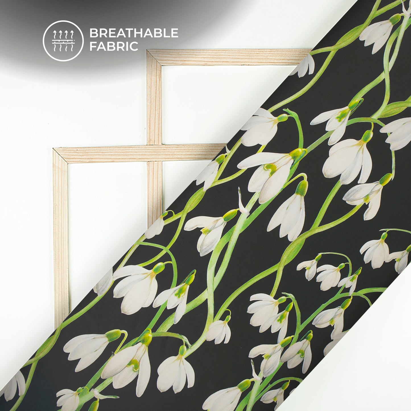 Newly Cream Floral on Black Digital Print Muslin Fabric