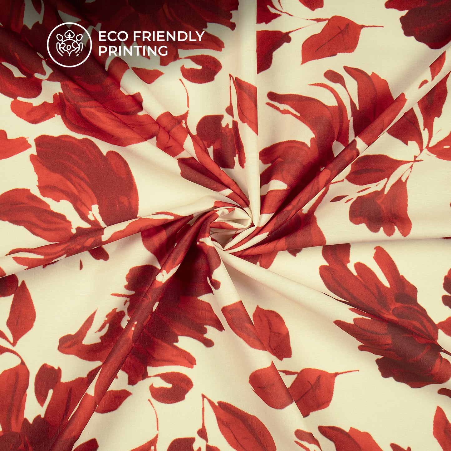 Red Flowers Design on Cream Digital Print Muslin Fabric