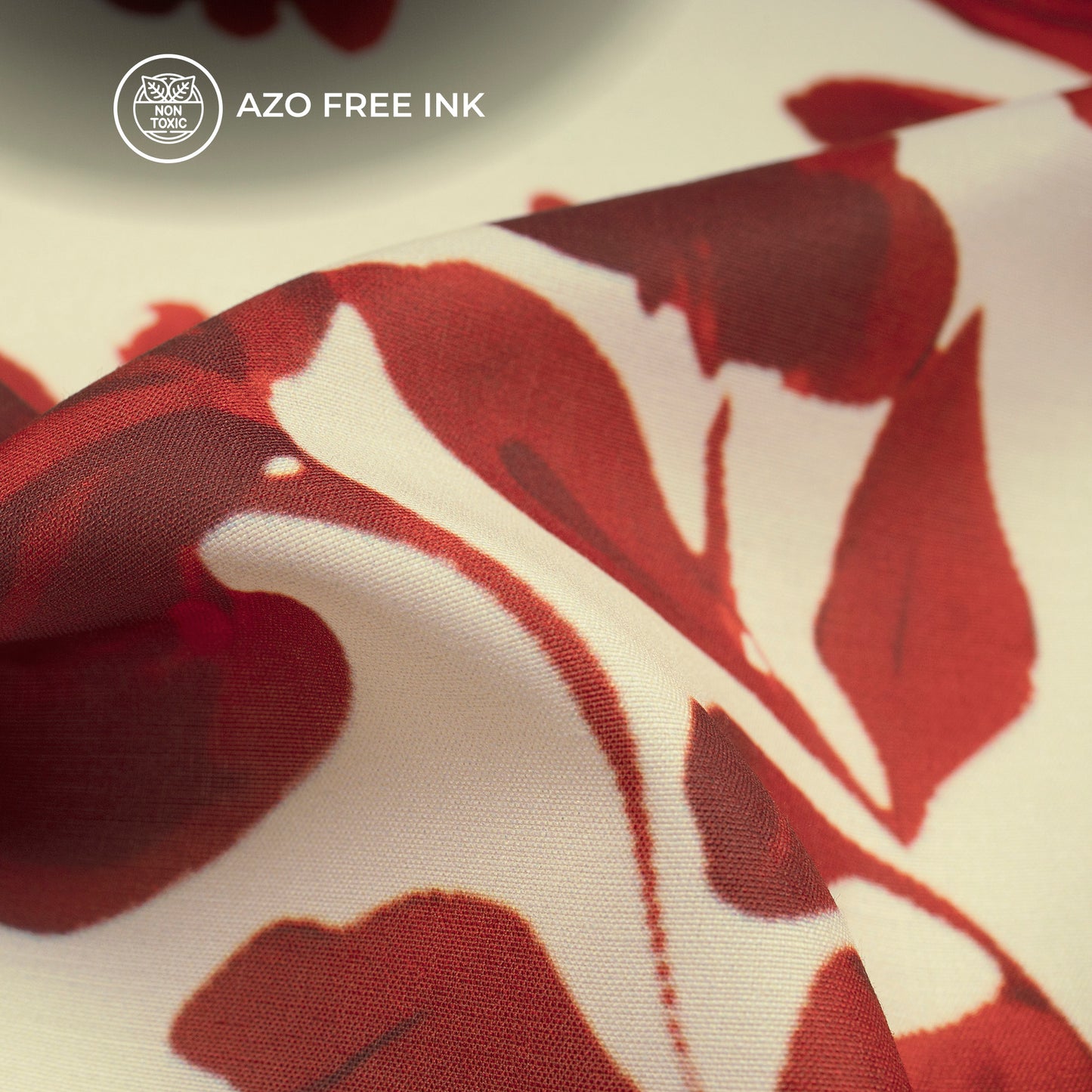 Red Flowers Design on Cream Digital Print Muslin Fabric