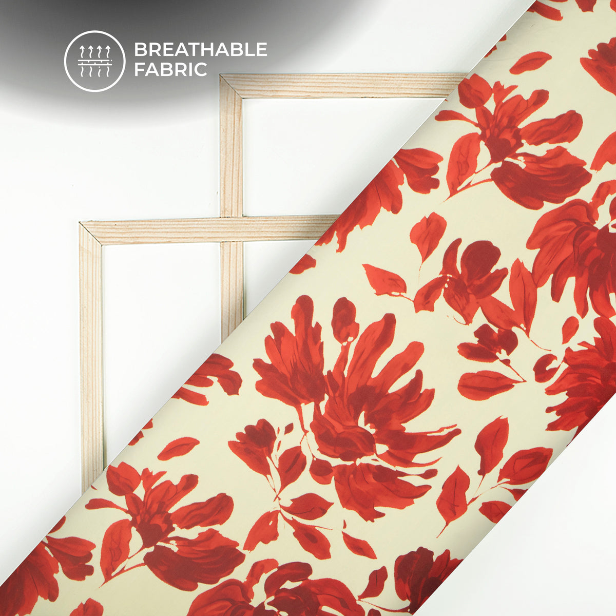 Red Flowers Design on Cream Digital Print Muslin Fabric