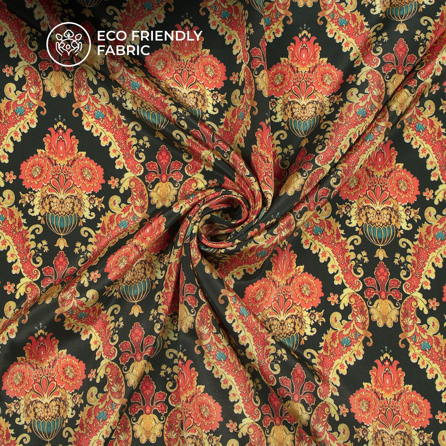 Golden And Chilli Red Paisley Digital Print Crepe Silk fabric