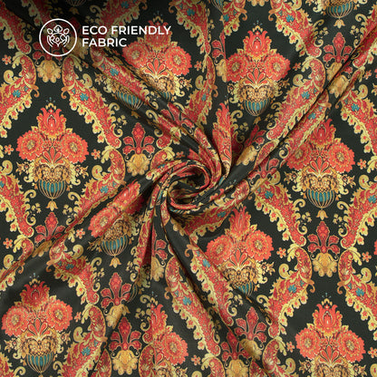 Golden And Chilli Red Paisley Digital Print Crepe Silk fabric