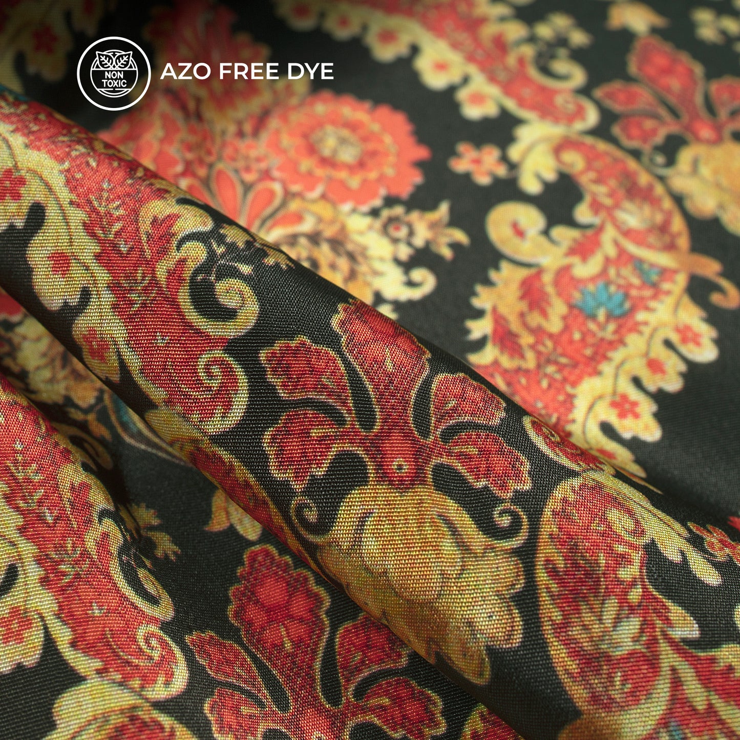 Golden And Chilli Red Paisley Digital Print Crepe Silk fabric