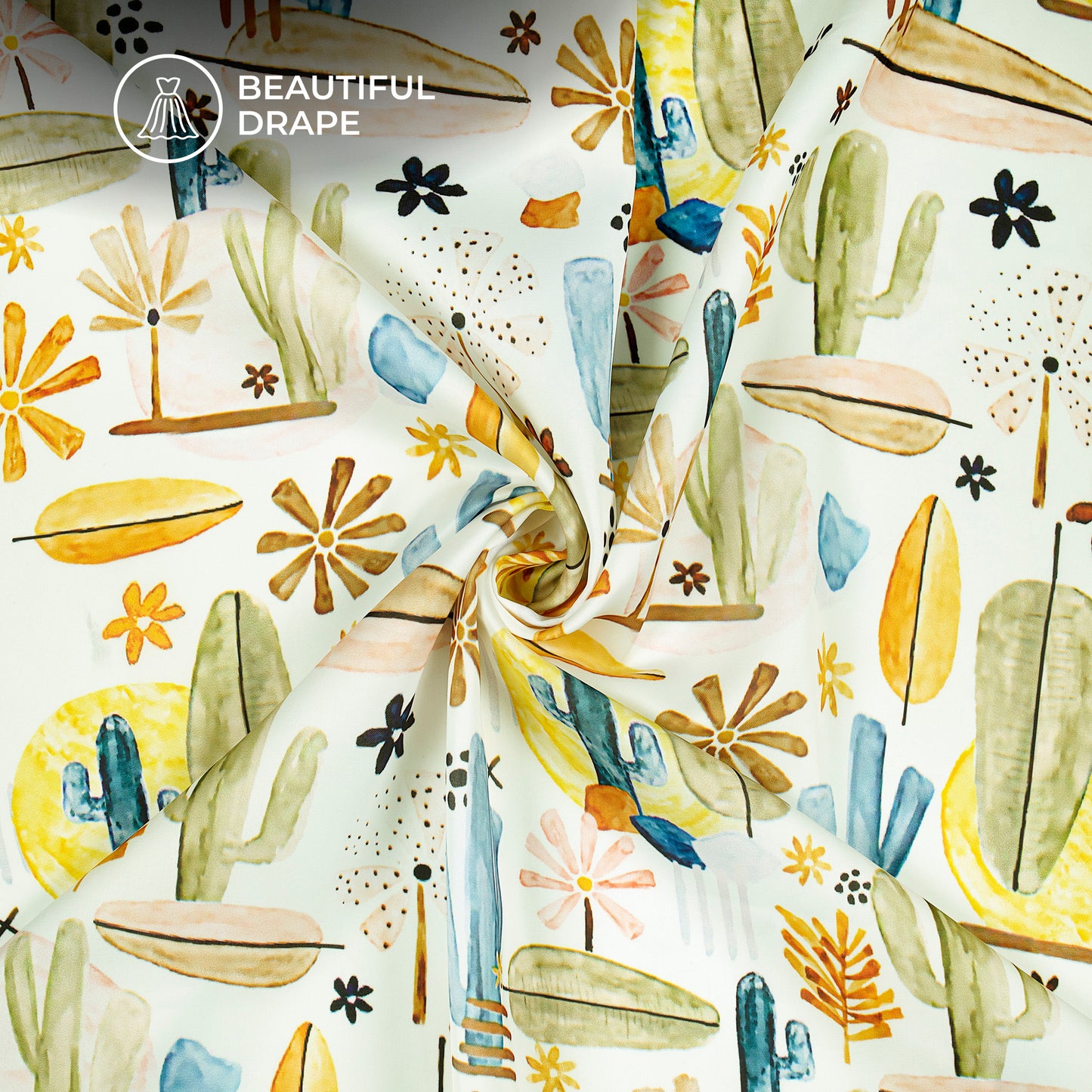 Multi Color Botanical Abstract Digital Print Imported Satin Fabric