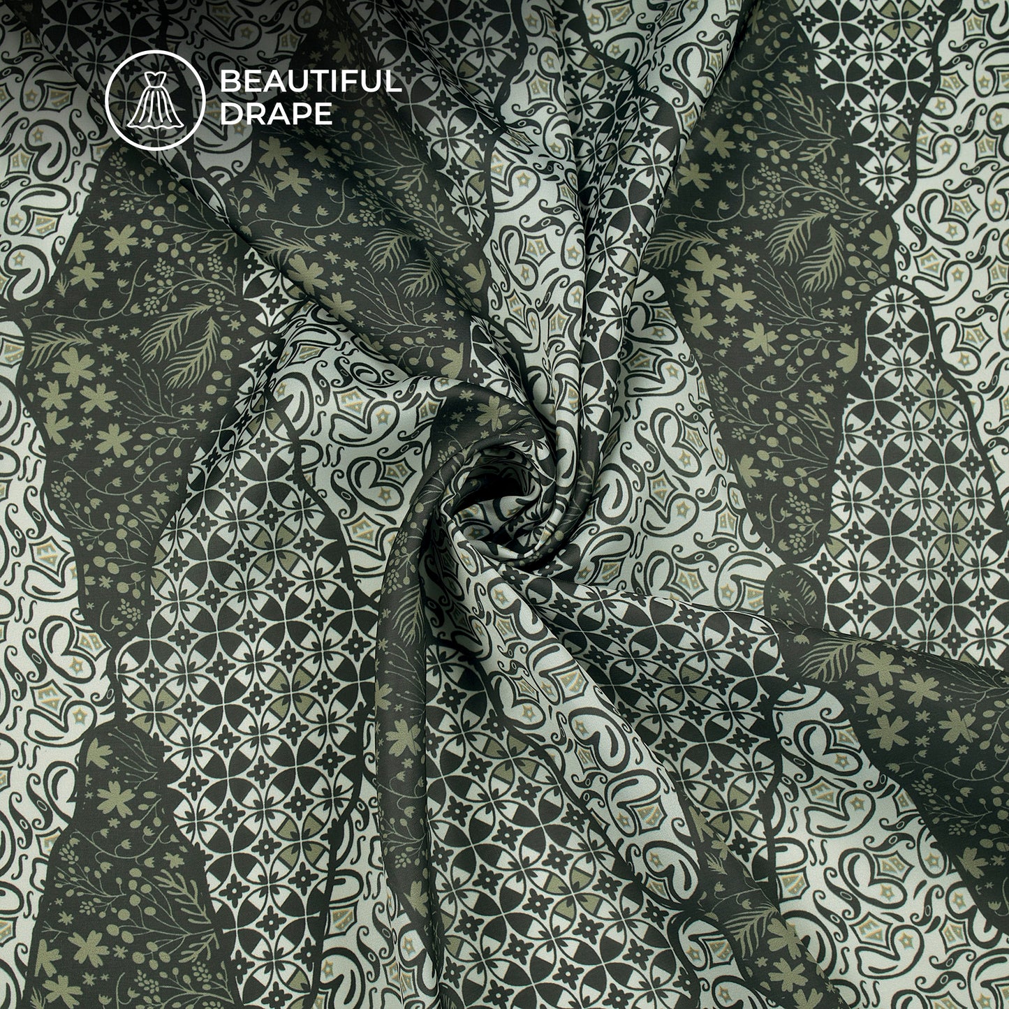 Mehendi And Black Abstract Paisley Digital Print Imported Satin Fabric