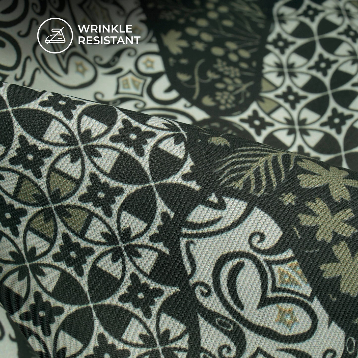 Mehendi And Black Abstract Paisley Digital Print Imported Satin Fabric