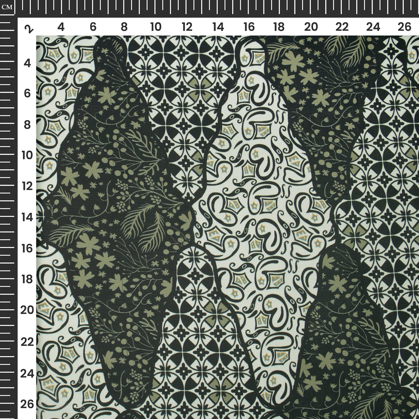 Mehendi And Black Abstract Paisley Digital Print Imported Satin Fabric