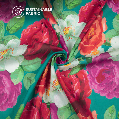 Attractive Red And White on Peacock Blue Floral Digital Print Cotton Mulmul Fabric