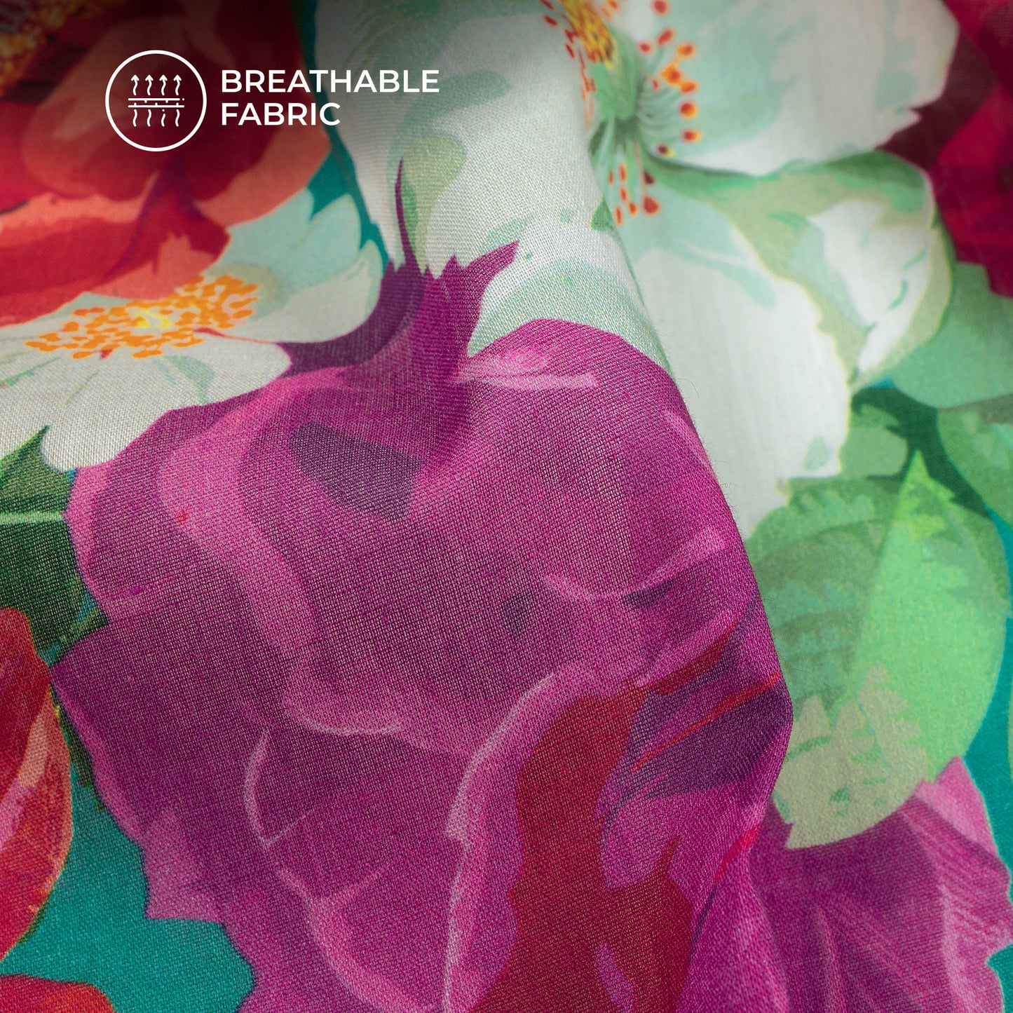 Attractive Red And White on Peacock Bule Floral Digital Print Cotton Mulmul Fabric