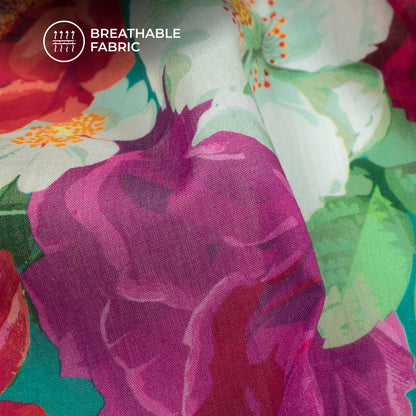 Attractive Red And White on Peacock Blue Floral Digital Print Cotton Mulmul Fabric