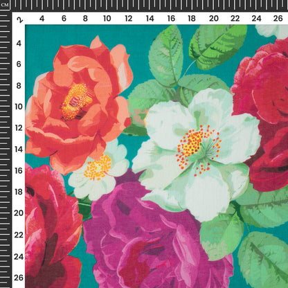 Attractive Red And White on Peacock Blue Floral Digital Print Cotton Mulmul Fabric