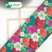 Attractive Red And White on Peacock Blue Floral Digital Print Cotton Mulmul Fabric