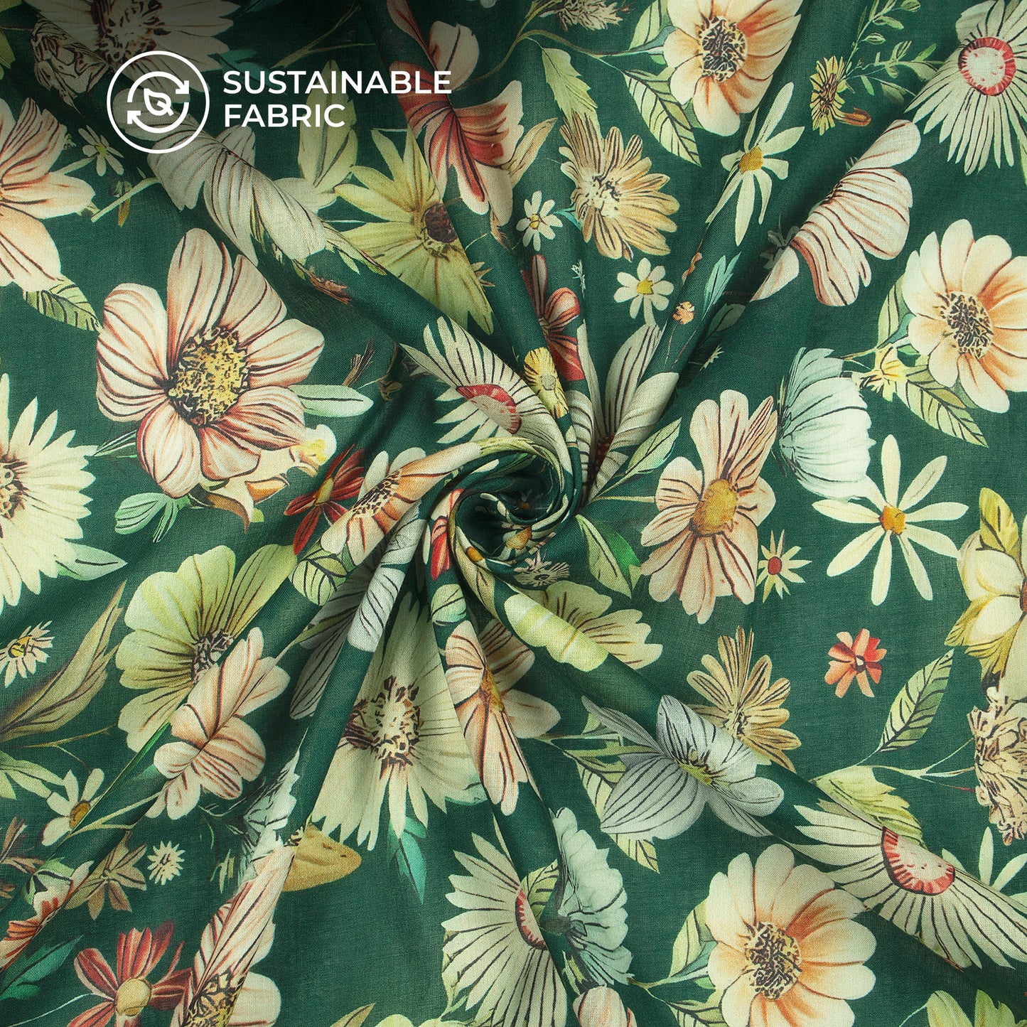 Thousand Flowers On Dark Green Digital Print Cotton Mulmul Fabric