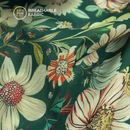 Thousand Flowers On Dark Green Digital Print Cotton Mulmul Fabric