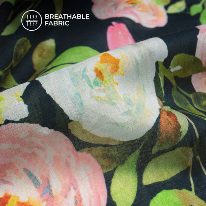 Beautiful Rose Design Digital Print Cotton Mulmul Fabric