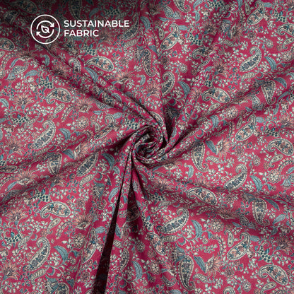 Paisley Floral On Burgundy Digital Print Cotton Mulmul Fabric