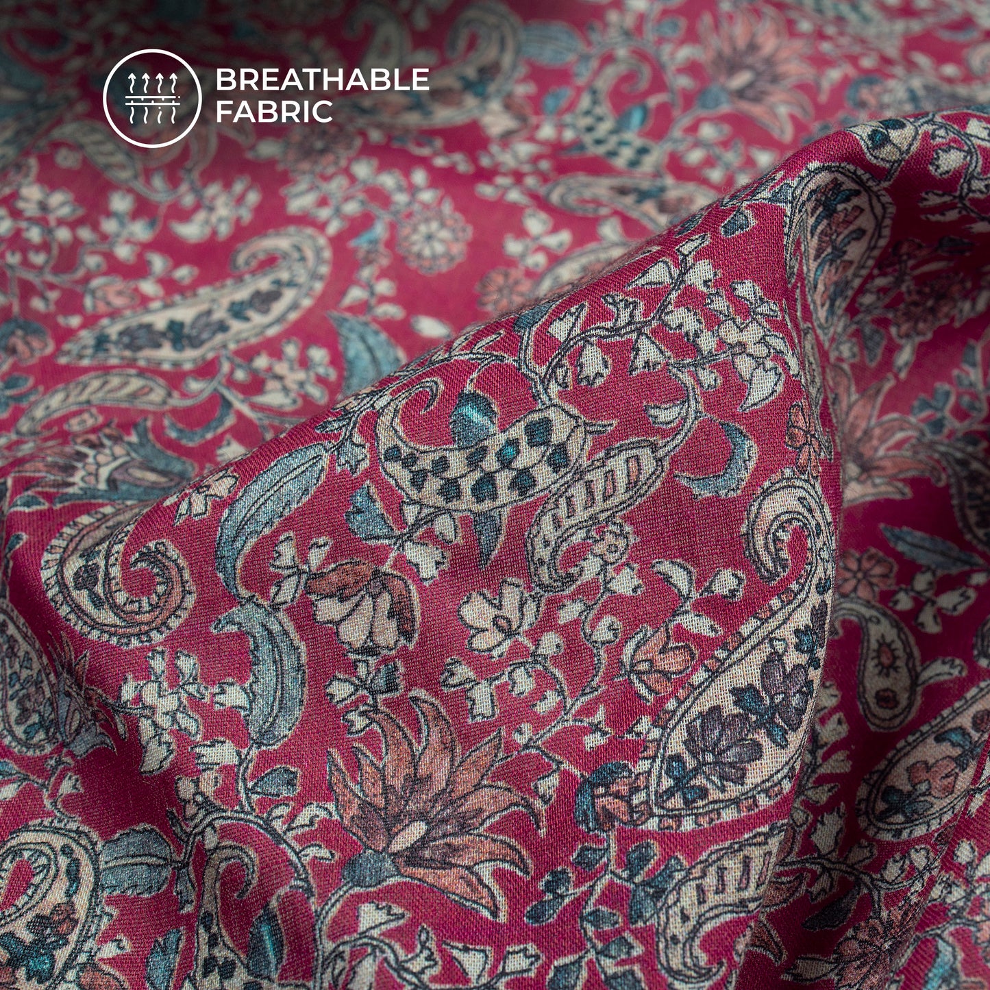 Paisley Floral On Burgundy Digital Print Cotton Mulmul Fabric