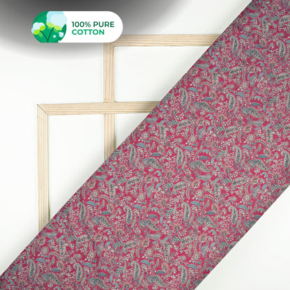 Paisley Floral On Burgundy Digital Print Cotton Mulmul Fabric