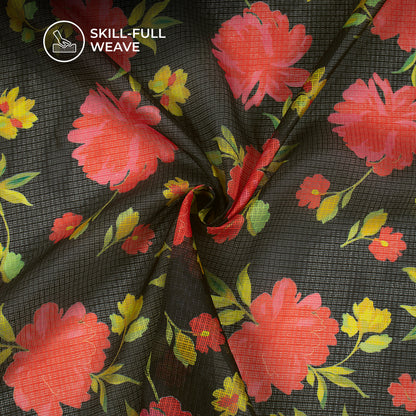 Attractive Flame Red Floral On Black Digital Print Kota Doria Fabric