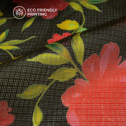 Attractive Flame Red Floral On Black Digital Print Kota Doria Fabric
