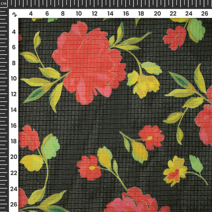 Attractive Flame Red Floral On Black Digital Print Kota Doria Fabric