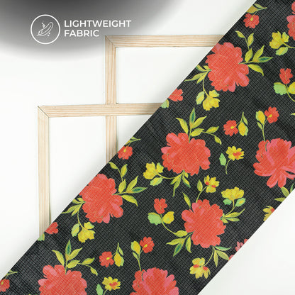 Attractive Flame Red Floral On Black Digital Print Kota Doria Fabric