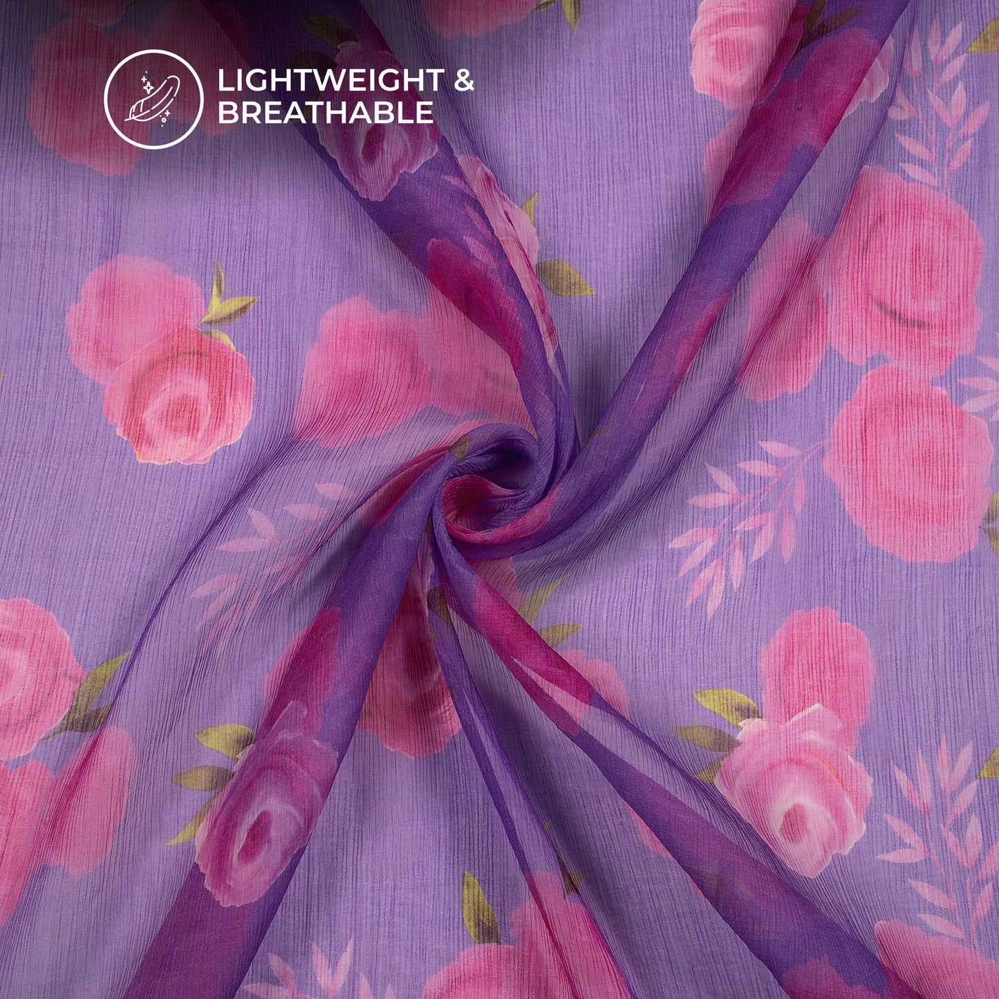 Rose On Purple Floral Digital Print Bemberg Chiffon Fabric